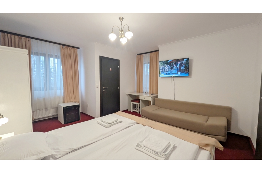 1 camera tripla (2 paturi + canapea extensibila) cu baie proprie